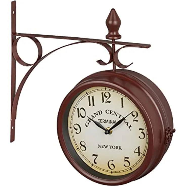 Relaxdays Bahnhofsuhr doppelseitig, New York, Retro, Batterie, analog, Wanduhr Vintage Deko, HBT 34 x 35 x 10 cm, braun