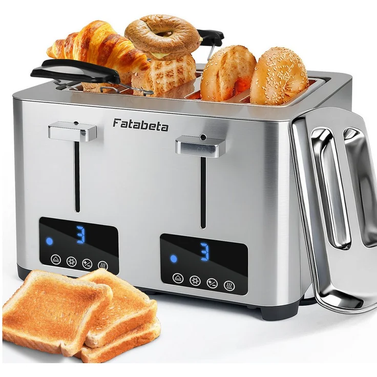 FATABETA Toaster 4 Scheiben mit Brötchenaufsatz, 1500 W, LED-Display, Touchscreen, 7 Bräunungsstufen, Edelstahl, inkl. 2 Staubschutzdeckeln