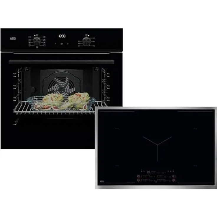AEG Set Backofen BP1100B + Induktionskochfeld OIK85M00XB, 9 Backofenfunktionen, MaxiKlasse mit extra großem Garraum, Aquareinigungsfunktion, 80 cm Breite, Hob²Hood-Funktion