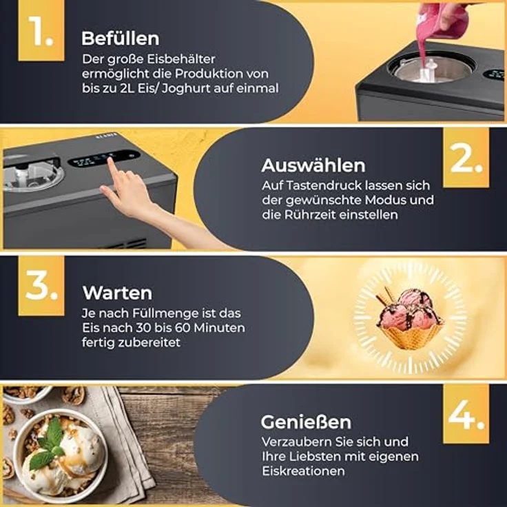 KLAMER 2-in-1 Eismaschine & Joghurtbereiter, 2 L, 220 W mit Edelstahl-Gehäuse, selbstkühlendem Kompressor und Konsistenzsteuerung – Bild 4