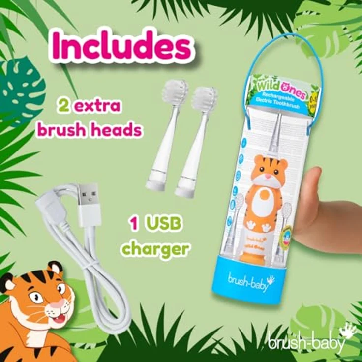 Brush-Baby WildOnes Toby Tiger, Elektrische wiederaufladbare Zahnbürste mit 2-Minuten-Timer, USB-Ladekabel, wasserdicht, für Kinder von 0-10 Jahren, inklusive 2 Ersatzbürstenköpfen – Bild 2