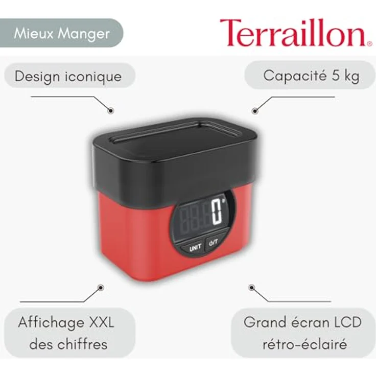 Terraillon BA22 Mythique, Küchenwaage mit großem LCD-Bildschirm, rot – Bild 2