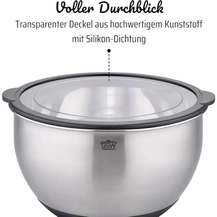 GSW Servierschüsselset Primo, Hochwertige Edelstahl Rühr- & Salatschüsseln mit luftdichtem Deckel, Teigschüssel, Küchenschüssel & Servierschale, 16cm/20cm/24cm – Bild 4
