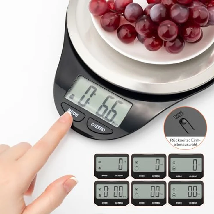 GRIFEMA Küchenwaage 2-5000g, LCD-Display, Tara-Funktion, 6 Einheiten, Auto-Off, Schwarz – Bild 4