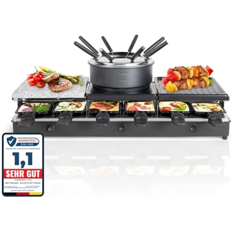 bmf-versand LUTEO® Raclette mit Fondue für 12 Personen, elektrischer Tischgrill mit abnehmbarer Steinplatte und Mini Crepes Maker, 1650 Watt, schwarz, antihaftbeschichtet – Bild 1
