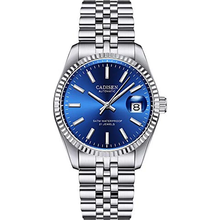 CADISEN Herren Automatikuhr, Elegante mechanische Uhr mit Saphirglas, Kalender und Edelstahlarmband, wasserdicht bis 50 m, Blau – Bild 1