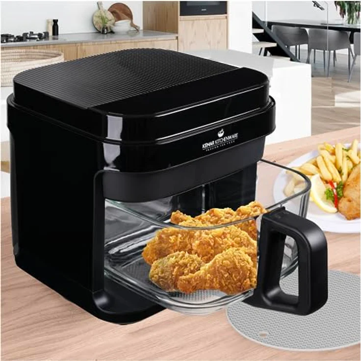 KeMar Kitchenware KHF-550 Heißluftfritteuse, 1200 W, 5,5 L Borosilikatglasbehälter, Edelstahl-Einsatz, Touch Display, 7 Programme, ohne Beschichtung – Bild 5