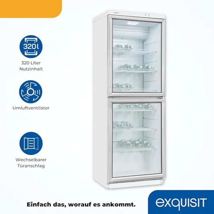exquisit Getränkekühlschrank GKS350-2-GT-280D weiss, 173 cm hoch, 60 cm breit, 320 L Volumen, mit Glastür und LED-Innenbeleuchtung – Bild 4