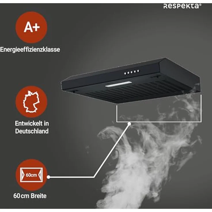Respekta Sina CH600SC-19 Unterbauhaube, schwarz matt, 60 cm, Abluft- und Umluftfunktion, Energieeffizienzklasse A+, 54–65 dB – Bild 2