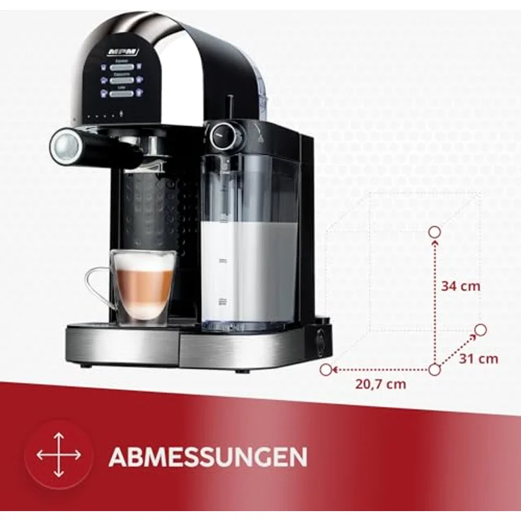 MPM MKW-14M Kaffeevollautomat mit 1470W Leistung, 15-Bar-Druckpumpe und integriertem Milchaufschäumer, Schwarz – Bild 2