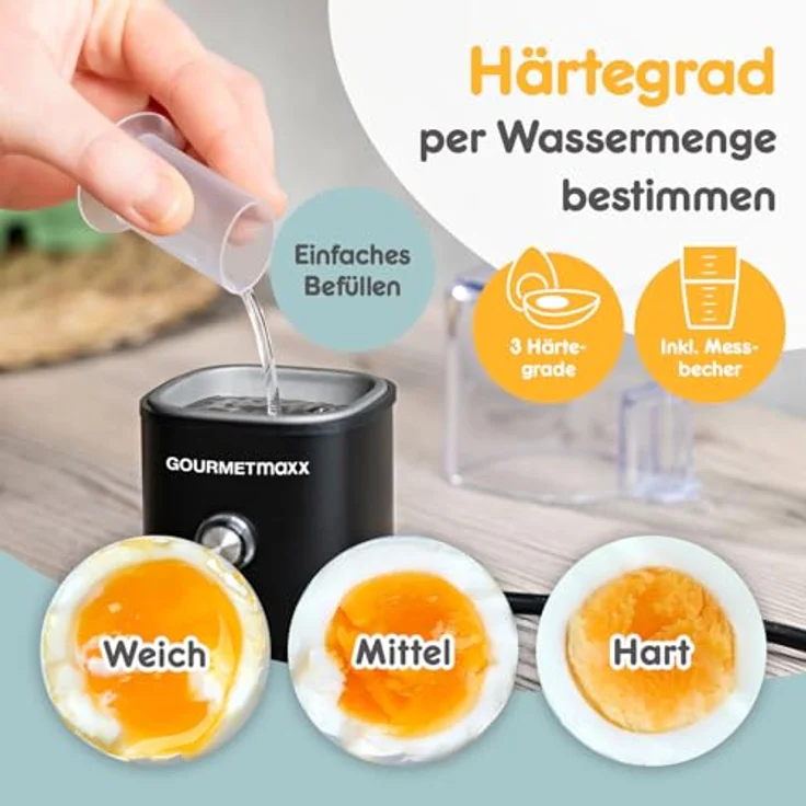 GOURMETmaxx Mini Eierkocher für 1 Ei, kompakt mit Eierstecher und 3 Härtegraden, spülmaschinenfeste Teile, schwarz – Bild 4