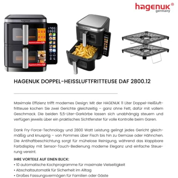 Hagenuk DUAL ZONE Heißluftfritteuse, 12 Liter, 2800 W, Digitales Farbdisplay, 10 Programme, Sichtfenster, Synchronisierungsfunktion – Bild 2