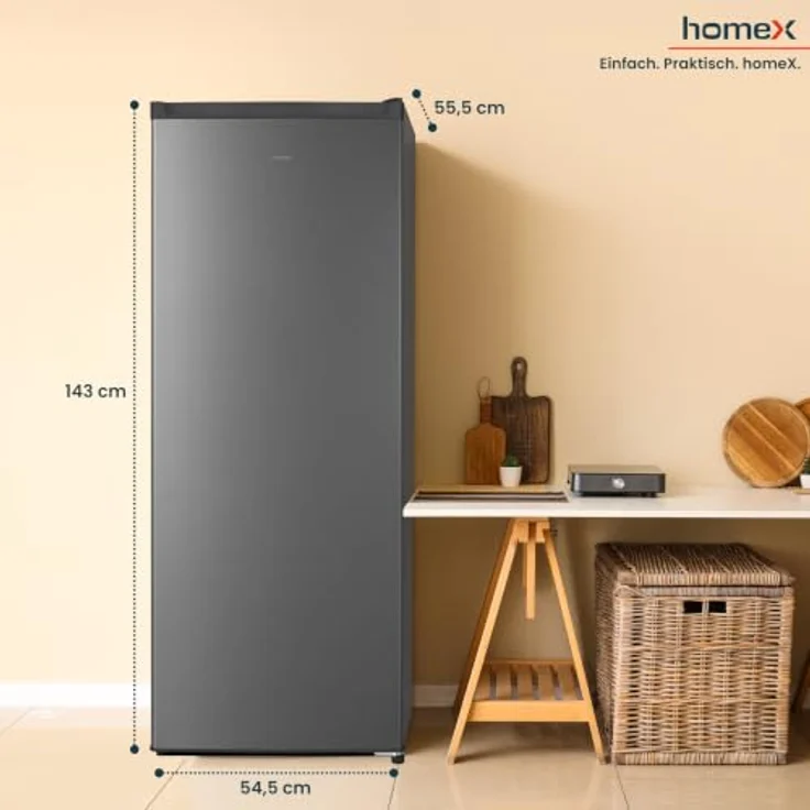 homeX CS2422E-S Kühlschrank ohne Gefrierfach, 242 Liter, freistehend, silber, 143 cm hoch, leise 37 dB, mechanische Temperaturregelung, 5 verstellbare Ablagen – Bild 4