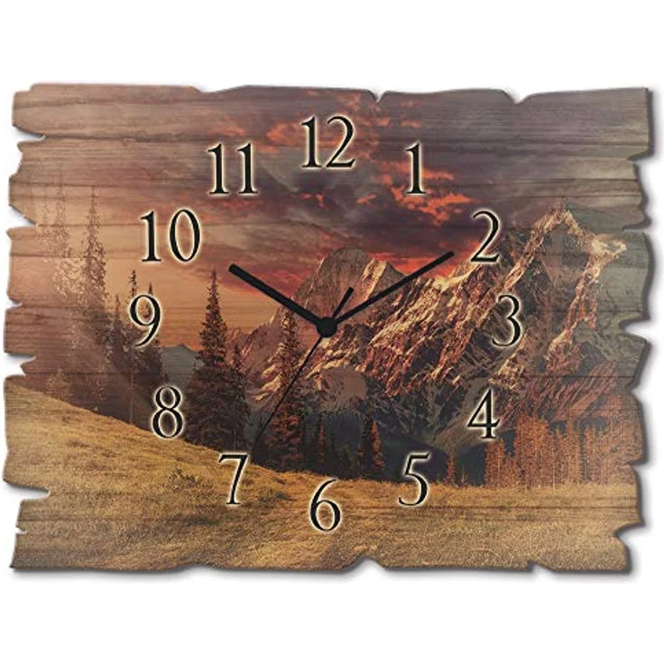 ARTLAND Wanduhr ohne Tickgeräusche aus Holz Funk Uhr lautlos 40x30 cm Rechteckig Alpen Landschaft Berge Wald Natur Wolken U1RI – Bild 1