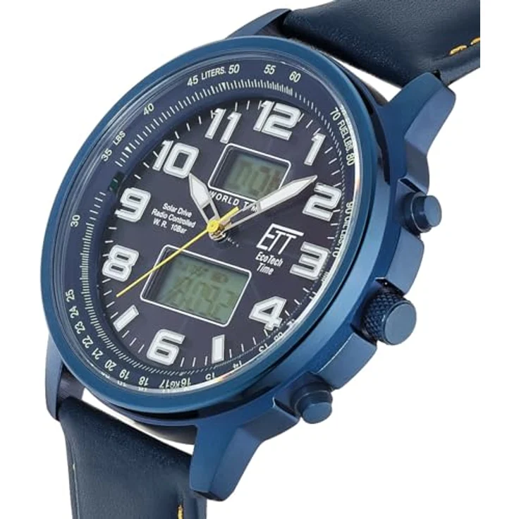 ETT Eco Tech Time EGS-11734-32L, Funk Solar Herren Uhr mit analogem Zifferblatt, blauem Zifferblatt und Lederarmband, wasserdicht bis 10 Bar, Stoppuhr und ewiger Kalender – Bild 2