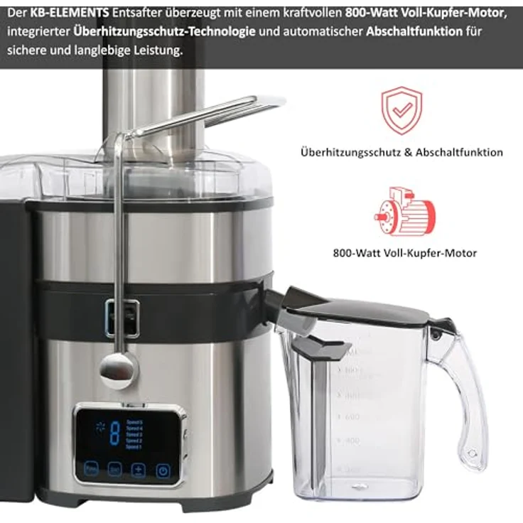 KB ELEMENTS Entsafter, elektrische Saftpresse mit 800 W Voll Kupfer Motor, Full Touch Display, 5 Geschwindigkeiten, Edelstahl – Bild 3