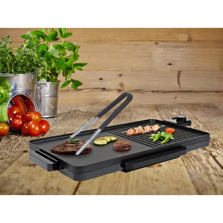 Setpoint Tischgrill XL Teppanyaki, 2000 W, Elektrische Grill- & Backplatte mit Grillzange, Antihaftbeschichtung, Fettauffangschale, schwarz