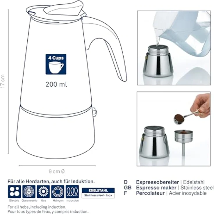 kela FERRARA Espressokocher 200ml, Espressomaschine für 4 Tassen, Edelstahl schwarz matt, geeignet für alle Herdarten inklusive Induktion – Bild 3