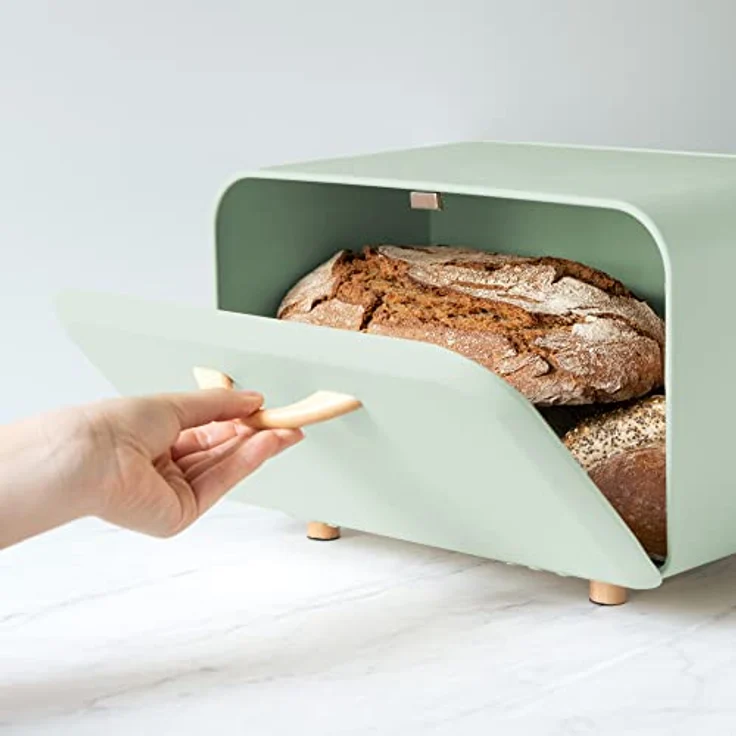 Navaris Brotkasten Brotaufbewahrung Brotbox mit Frontöffnung - Behälter zur Aufbewahrung von Brot - Brotdose Brotkorb Brotbehälter aus Metall - Mint Grün – Bild 3