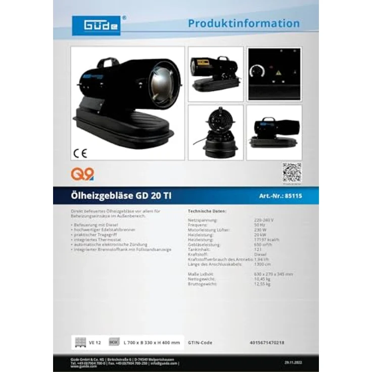 Güde Ölheizgerät / Ölheizgebläse GD 20 TI 20kW, Edelstahlbrenner, integrierter Thermostat, grau – Bild 7