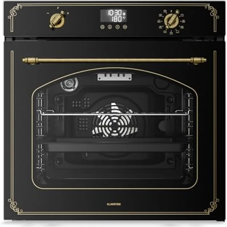Klarstein Victoria Pyro Einbaubackofen 60 cm, 76L, 11 Funktionen, Energieklasse A, Retro Design, Pyrolyse, Schwarz
