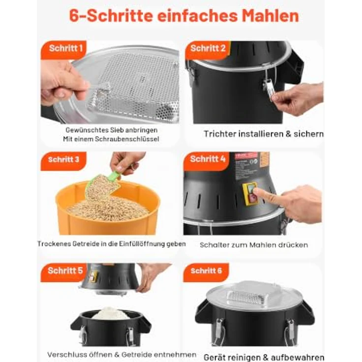 VEVOR Elektrische Getreidemühle 25 L, 600 W, Gewürzmühle mit 5 austauschbaren Sieben für flexiblen Mahlgrad, ideal für Getreide, Gewürze, Müsli und Kaffee – Bild 5