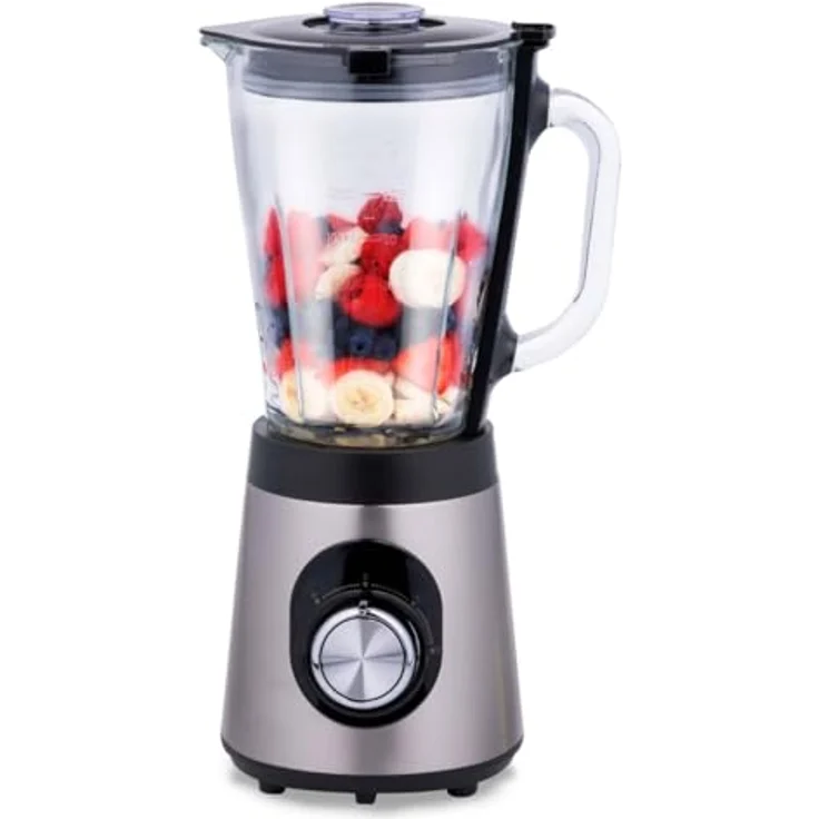 alpina Mixer 1,5L, Smoothie Maker 500W mit Glasbehälter, 2 Geschwindigkeiten, Pulsfunktion, rutschfeste Füße, schwarz-silber – Bild 2