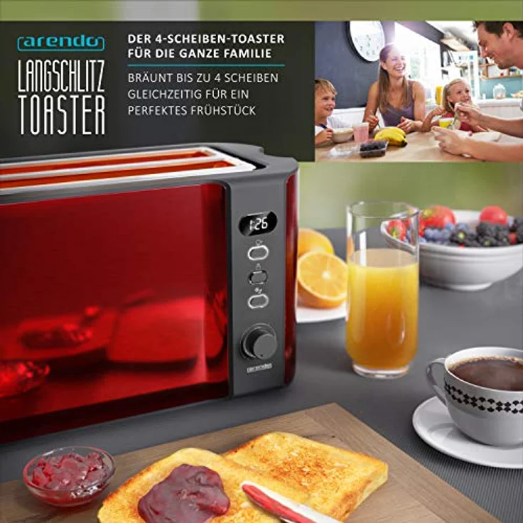 Arendo 4-Schlitz-Toaster, Langschlitz, Defrost Funktion, wärmeisolierendes Gehäuse, rot – Bild 7
