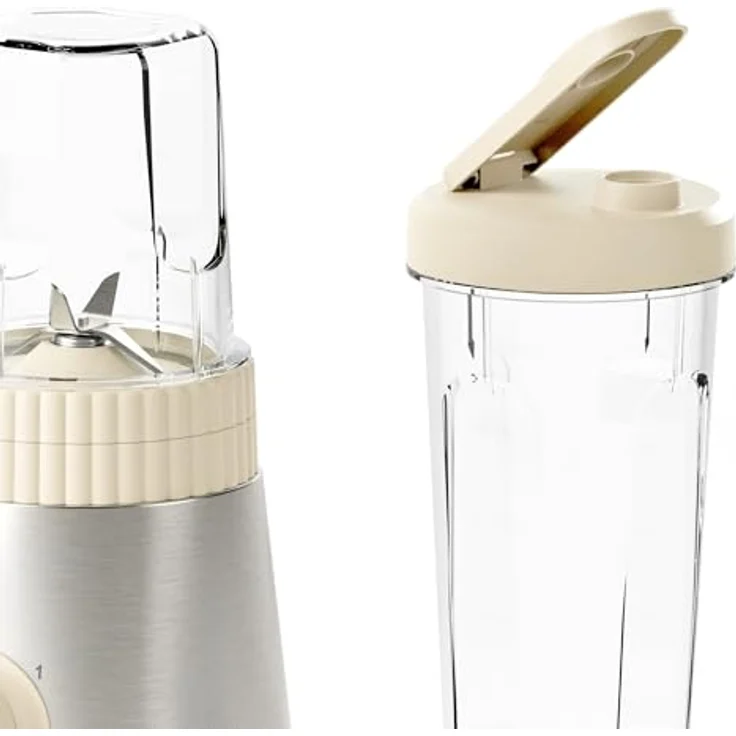 Guzzini Sous Chef, On-The-Go-Standmixer mit zwei luftdichten Bechern (600 ml und 300 ml), Doppelklinge aus Edelstahl, Pulse-Funktion, zwei Geschwindigkeiten, Bio-Basis (Cream) – Bild 4