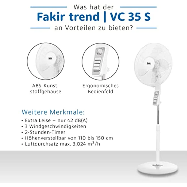 Fakir VC 35 S trend - Standventilator sehr leise, oszillierend 90°, 3-Leistungsstufen, ergonomisches Bedienfeld , hoher Luftdurchsatz, Timer-Funktion, 45 cm Korbdurchmesser – 60 Watt – Bild 5