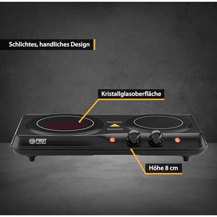 TZS First Austria Infrarot Keramik-Herdplatte doppelt | ALLE Topfarten | Doppelkochplatte 19cm / 16,5cm | Kochfeld für Umzug, Camping, Ferienwohnung - schnelles Aufheizen & stufenlose Einstellung – Bild 4