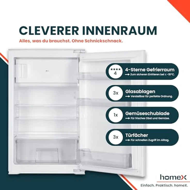 homeX CFB1181E Einbaukühlschrank mit Gefrierfach, 118 Liter, Schlepptürtechnik, LED-Beleuchtung, leise mit 37 dB, für 88 cm Nische – Bild 4