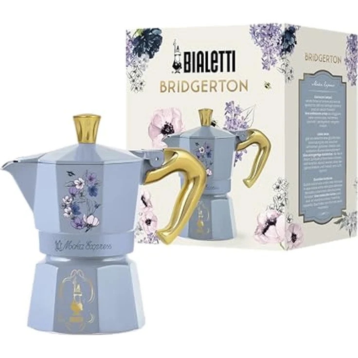 Bialetti Moka Express 3tz Bridgerton, Espressokocher in Himmelblau und Gold, kompatibel mit Elektro, Gas und Glaskeramik, patentiertes Sicherheitsventil – Bild 1