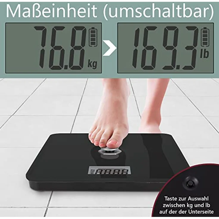 ProfiCare® Personenwaage ohne Batterie, Waage mit Messbereich von 5g – 180 kg und großem LCD-Display, Personenwaage digital mit kinetischer Energie und Glasoberfläche – PC-PW 3112 schwarz – Bild 5