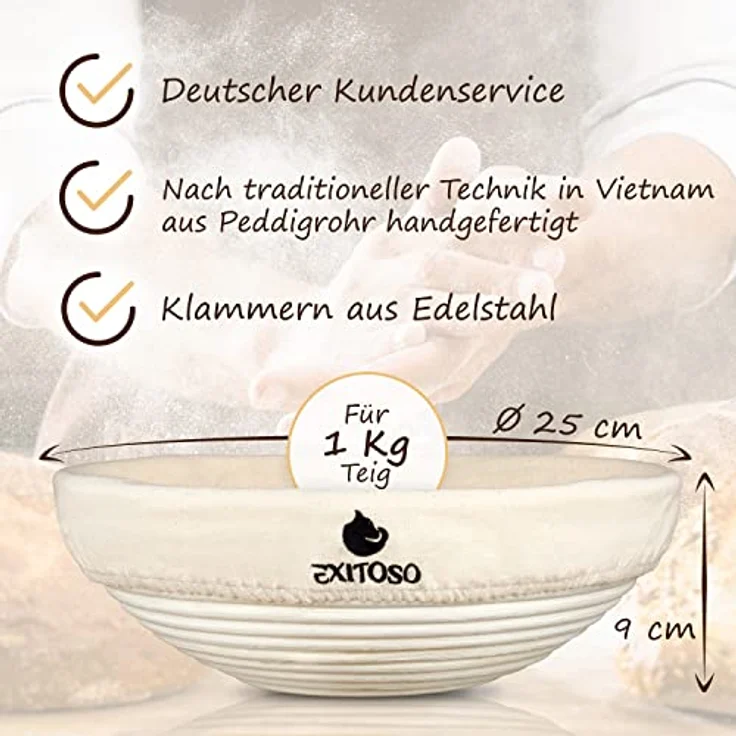 Exitoso Gärkörbchen rund 1kg aus Peddigrohr Ø25cm - Beige inkl. (E-Book Rezept, Leinentuch) - Brot backen mit Gärkörbchen Set - Gärkorb rund Banneton Brotbackzubehör Gärform - Garkörbe Brot Brotbacken – Bild 2
