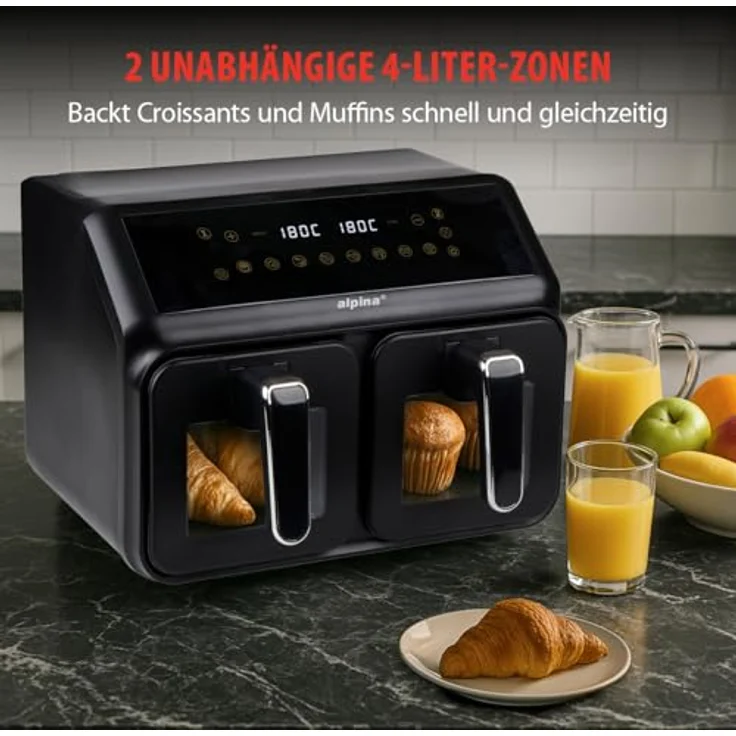 alpina Doppel-Heißluftfritteuse 871125227219, 2 Kammern 8L mit Digitaldisplay, 8 Kochprogrammen und Sichtfenstern, Schwarz – Bild 6