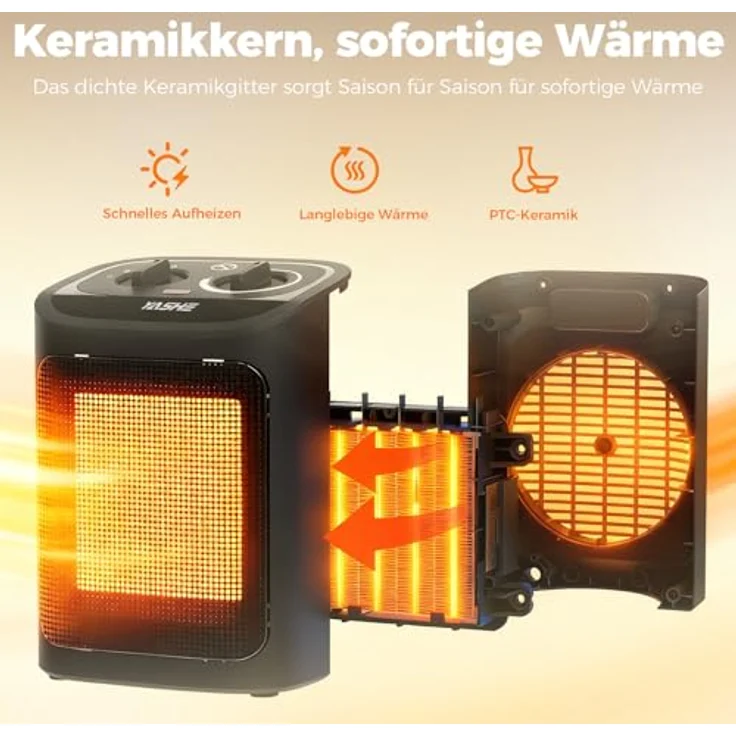 YASHE PTC-919 Elektroheizkörper 1500W, Keramik Heizlüfter mit Thermostat und 2 Heizstufen, Schwarz – Bild 3