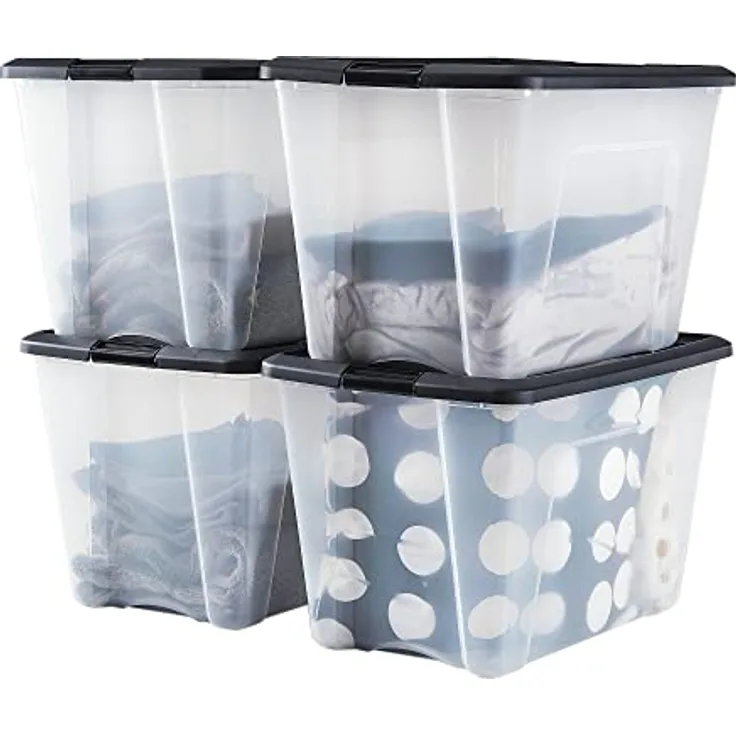 Iris Ohyama, Kunststoff-Aufbewahrungsbox, 60 l Garagen-Aufbewahrungsbox, 4er-Set, BPA-frei, NTB-60, Schwarz, stapelbar, Verschlussclips ? B58 x T39,5 x H36,5 cm