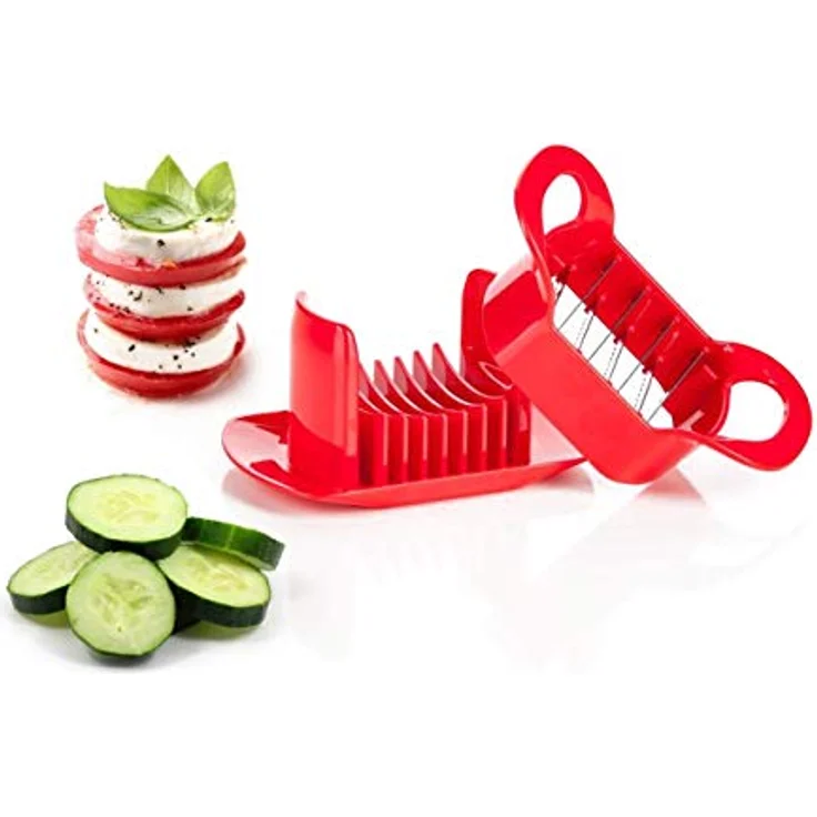 Genius Gemüseschneider Tomatenschneider, 8-fach Edelstahl-Klingen für schnelles Schneiden von Tomaten und Mozzarella, inkl. Auffangunterteil – Bild 6