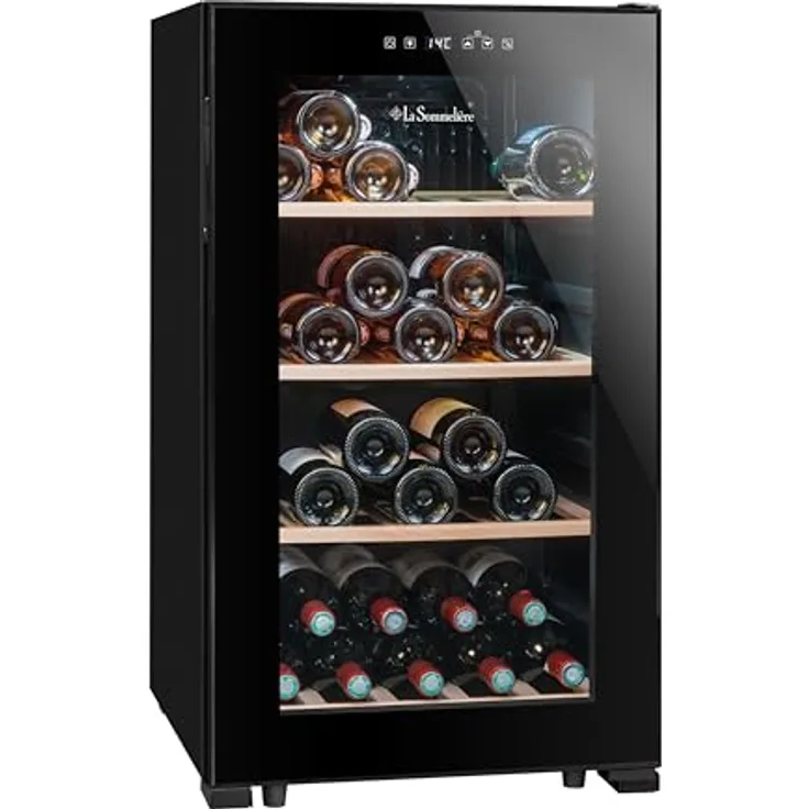 La Sommeliere - Weinkühlschrank LS52BLACK, 52 Flaschen, Temperier-Servier-Weinschrank, Glastür aus UV-undurchlässigem Glas, freistehend