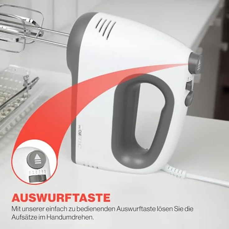 Clatronic HM 3775 Handmixer, 400 Watt, 5 Geschwindigkeiten, Besteck-Auswurftaste, Turbostufe, Kunststoff, weiß-grau – Bild 4
