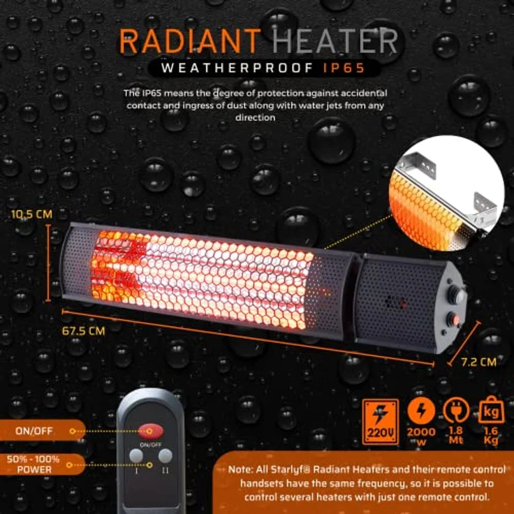 STARLYF Infrarot Heizstrahler Radiant Heater (IP65), 2000W, Halogen-Infrarotheizung, Fernbedienung, Infrarot-Heizstrahler (schwarz) – Bild 4