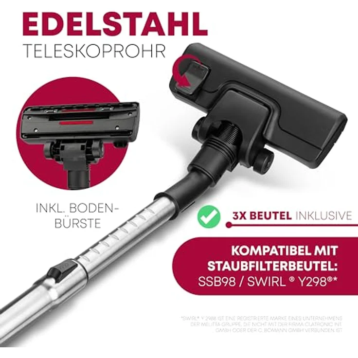 CLATRONIC Bodenstaubsauger BS 1300 N, mit 5-fach Mikrofiltersystem, 700 Watt, Edelstahl-Teleskoprohr – Bild 4