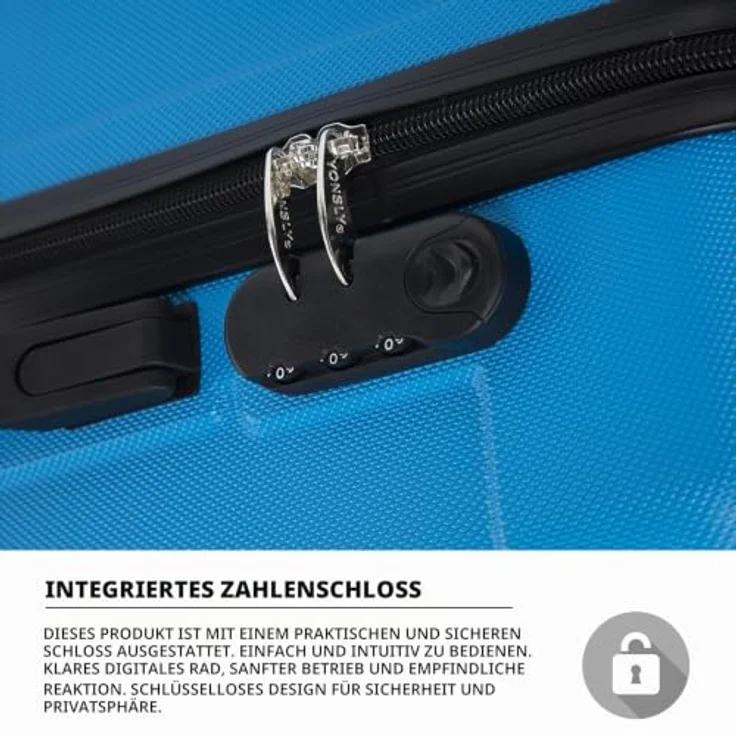 YONSLY Trolley Koffer Suitcase M, Hartschalenreisekoffer mit 4 360° Rollen, Zahlenschloss und weichem Gummigriff, Blau – Bild 3