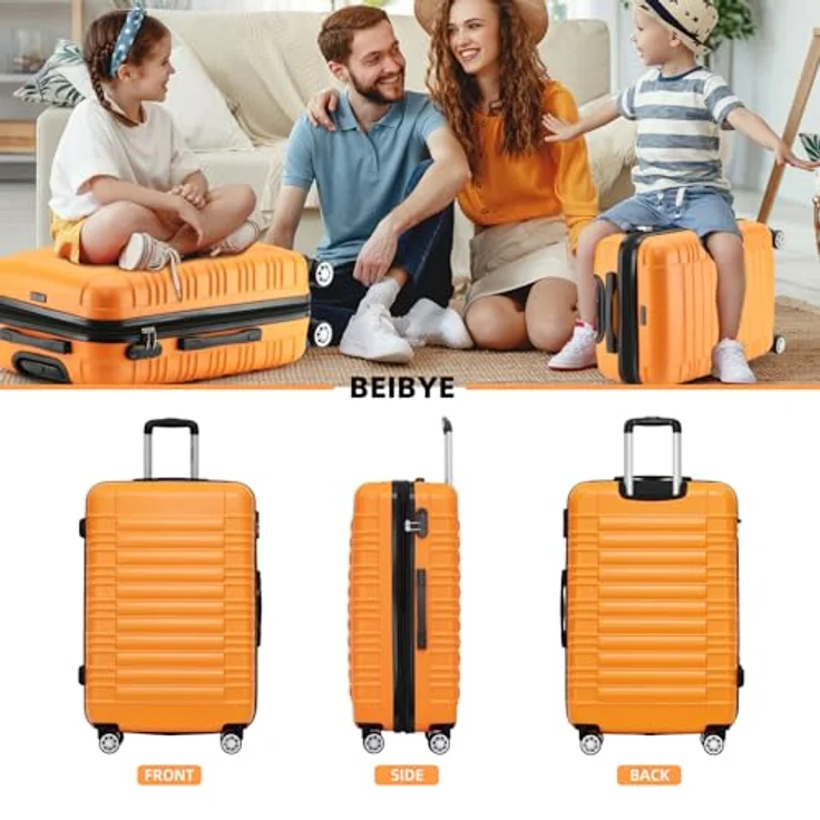 BEIBYE Hartschalen Koffer Trolley Kofferset, 3-teilig, orange, mit Zwillingsrollen und Sicherheitsschloss, erweiterbar – Bild 2