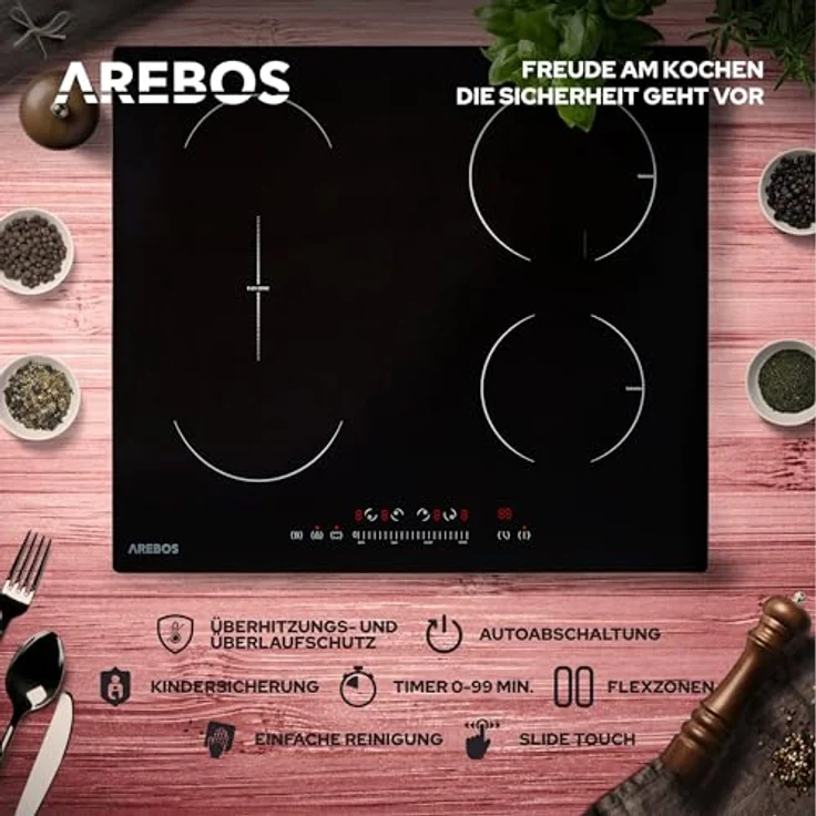 Arebos Induktionskochfeld | 7200 W | 4 Kochfelder mit 2 Flexzonen | 59 cm | Autark | mit Sensor Touch, Timer, Kindersicherung, Überhitzungsschutz, Autoabschaltung – Bild 2