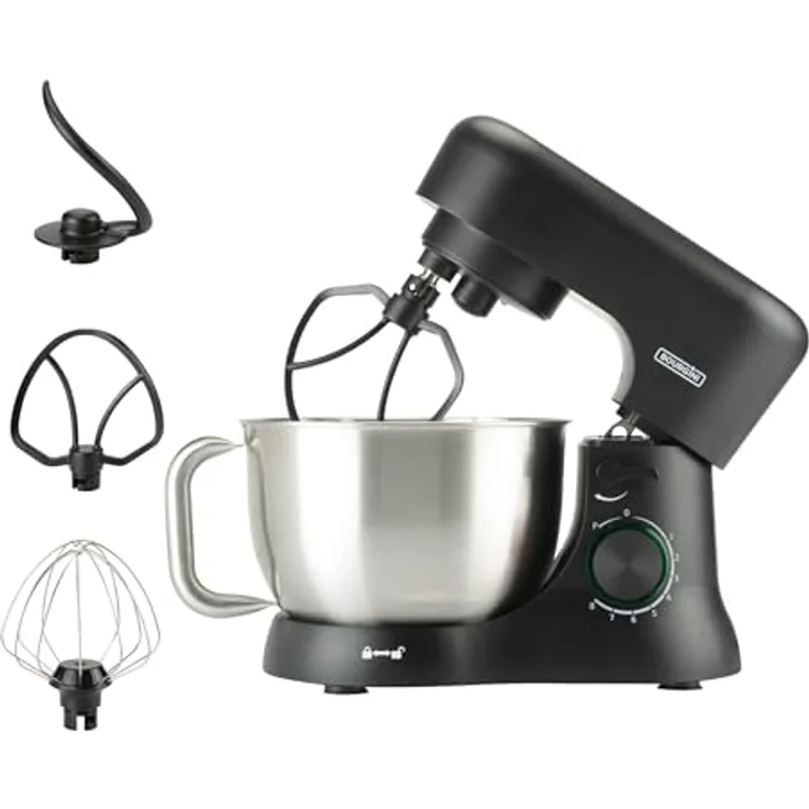 Bourgini Elements Küchenmaschine, 1000 W, 4,5 L Edelstahl-Rührschüssel, 8 Geschwindigkeiten, Pulsfunktion, 3 spülmaschinengeeignete Zubehörteile, GRS-zertifiziert