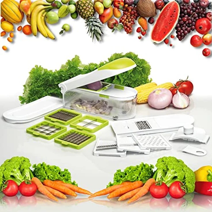 Dicer Express Schneideutensil Mandoline Gemüseschneider, Gemüsehobel, Schneider and Julienne Hobel 11 Teile, Handschutz. Edelstahl – Bild 1