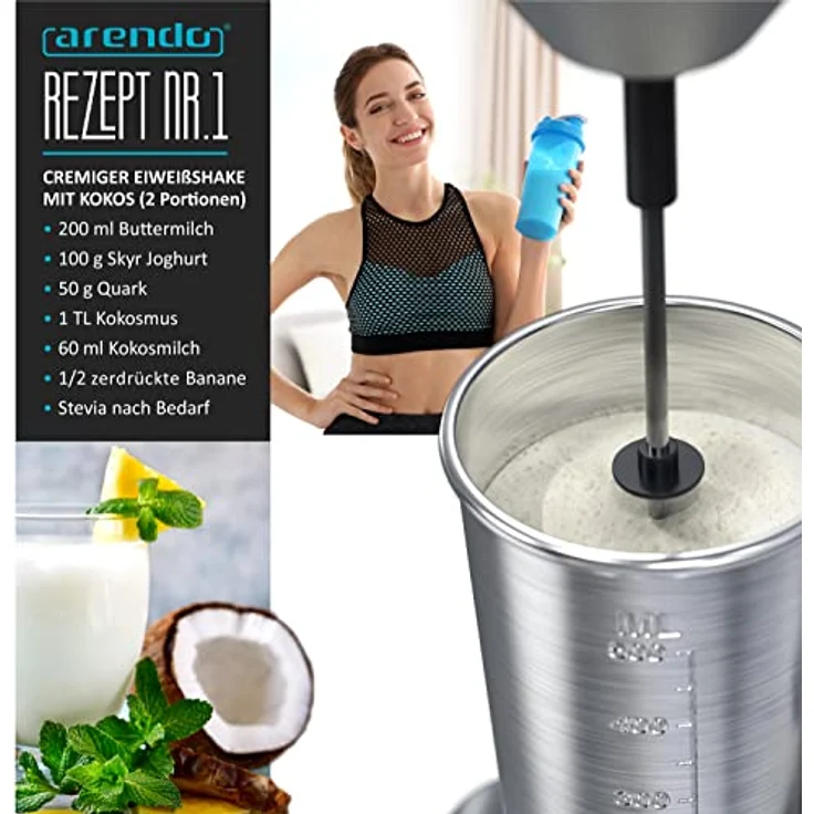 Arendo Drink Mixer, elektrischer Standmixer mit 500 ml Becher, 22.000 U/min, 2 Geschwindigkeitsstufen, inklusive Doppelrührstab für Fitness Drinks und Cocktails – Bild 4