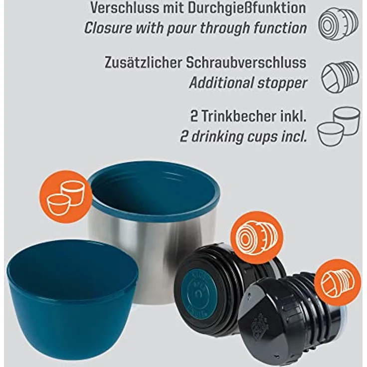 Esbit Edelstahl Isolierflasche Classic 1000 ml in Blau - für warme und kalte Getränke - Edelstahl Thermoflasche mit 2 Bechern – Bild 3